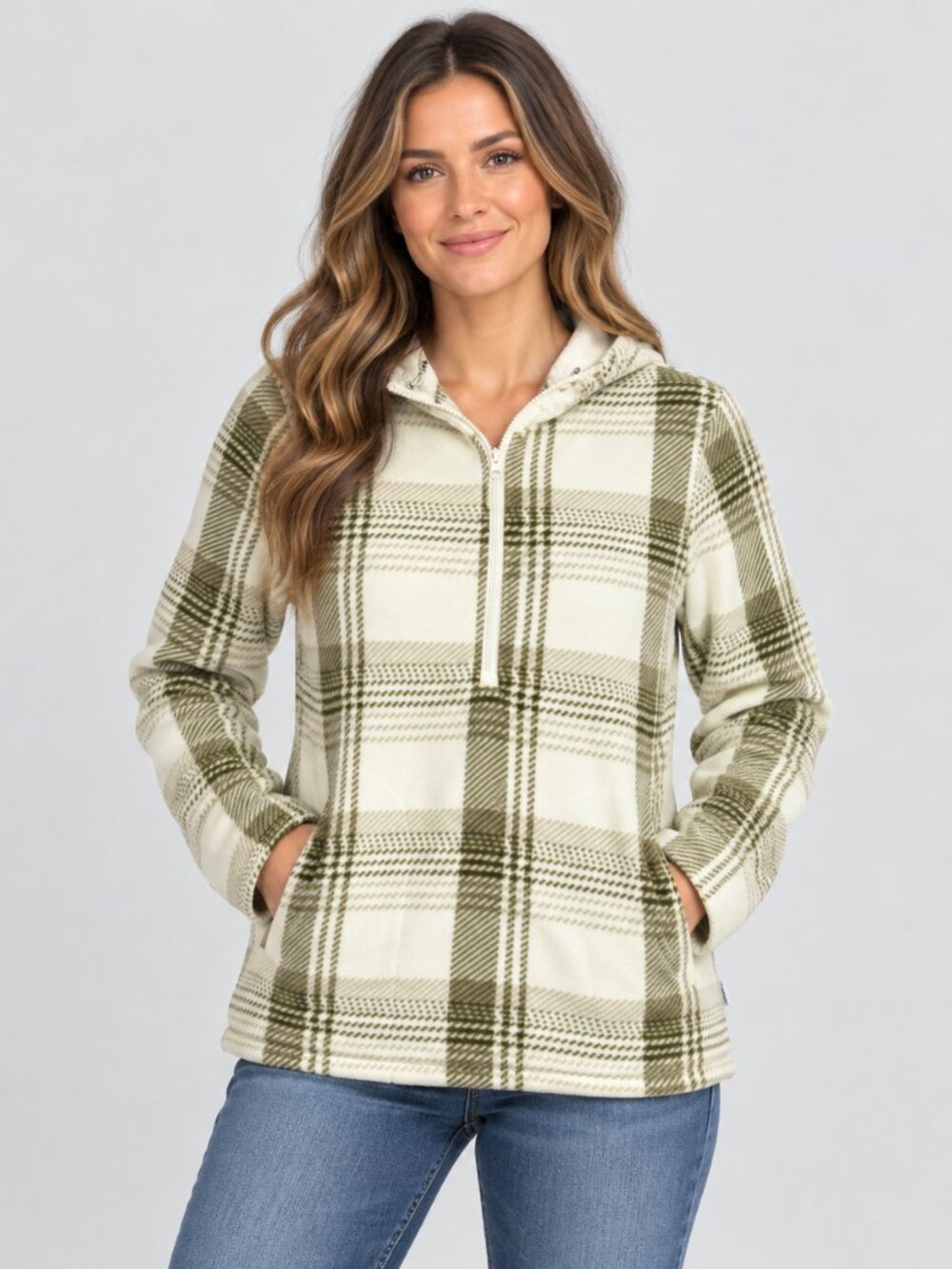 O'Neill Women’s Small Plaid Fleece Half Zip Hoodie Cream Olive Green NWT